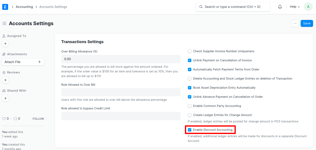 Enable Discount Accounting checkbox